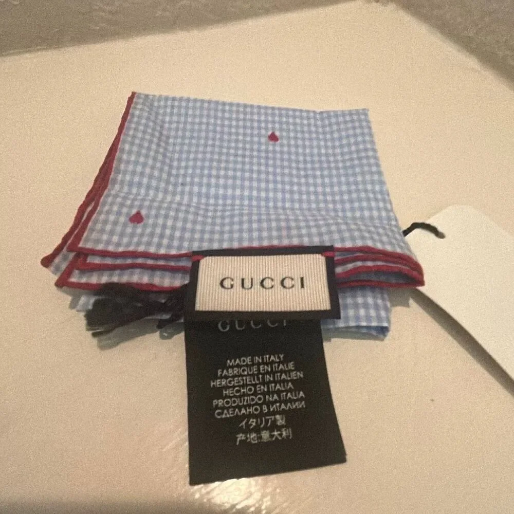Gucci Cotton Square Scarf Blue White Gingham Plaid & Hearts Cutesy Cottagecore